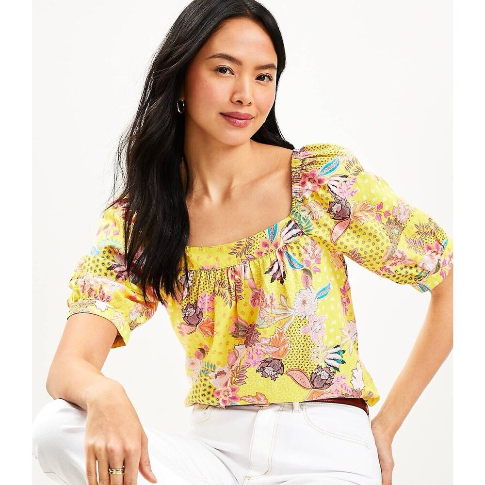 Loft Womens S Linen Blend Blouse Patchwork Puff Short Sleeve Boho Bold Preppy